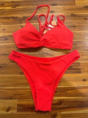 Twist-Front Ribbed Red Bikini Set - Women's Swimwear